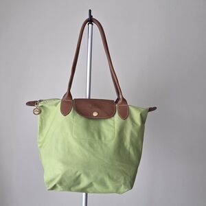 Longchamp Green Nylon Tote Bag with Brown Leather Trim